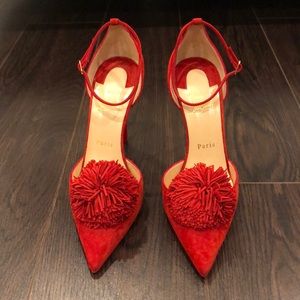 New Christian Louboutin Red Suede Pom Pumps